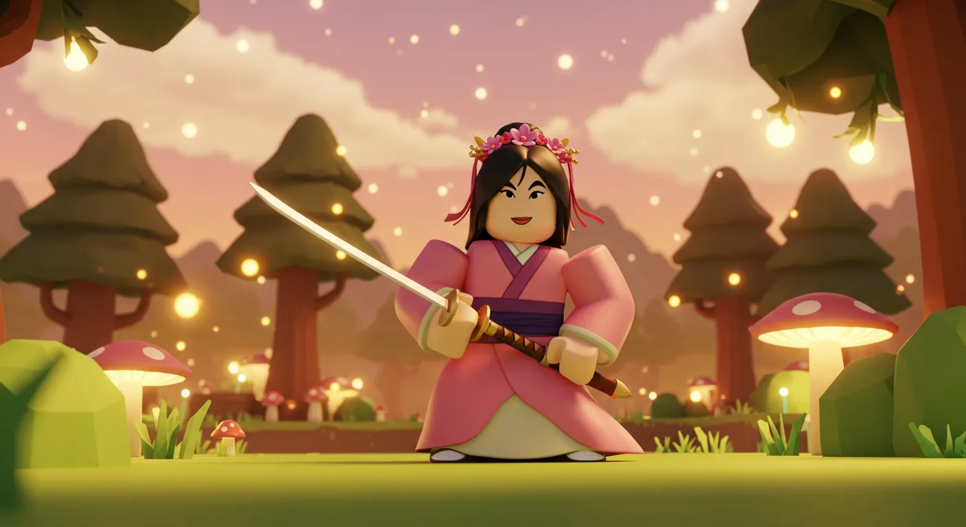 mulan princess with katana sword in forest surrounded by fireflies