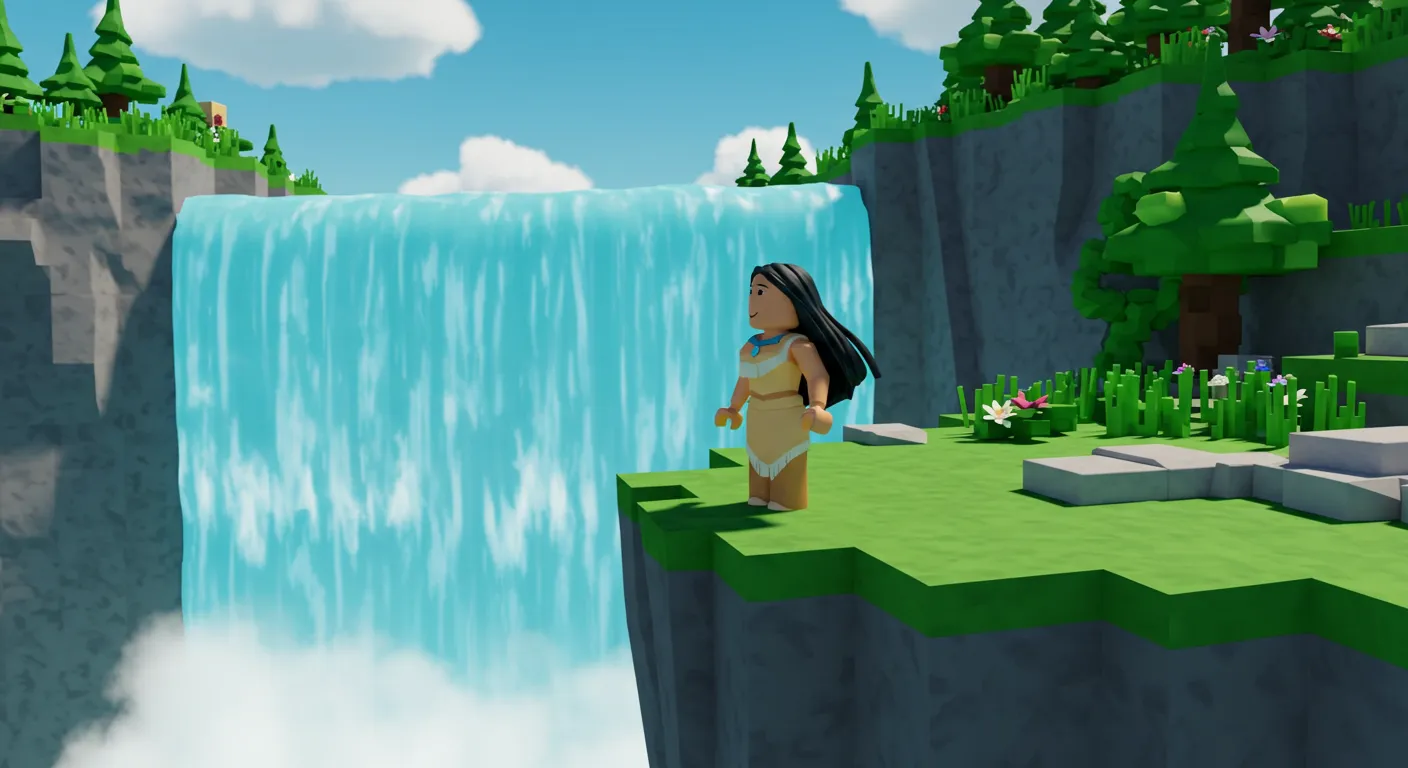 princess pocahontas standing next to a waterfall