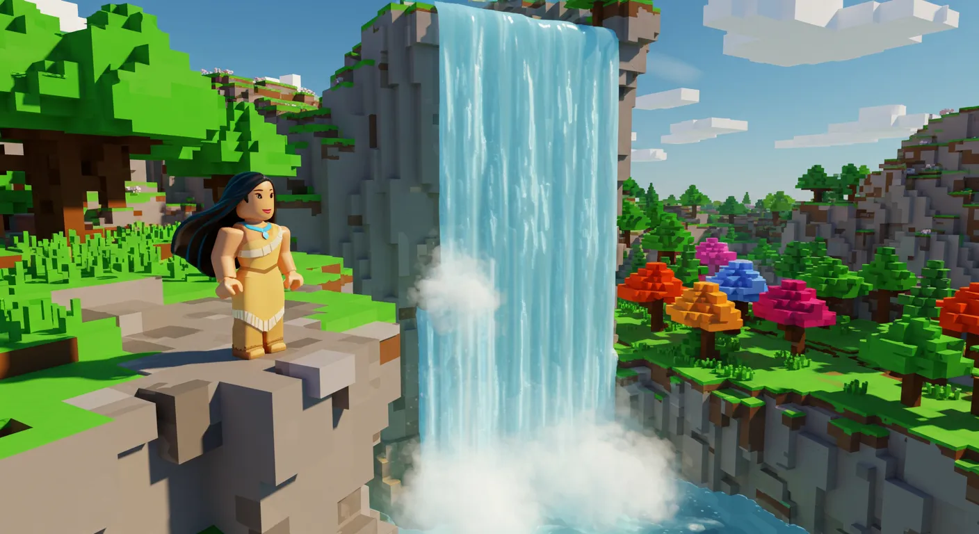 princess pocahontas standing on a cliff next to a waterfall
