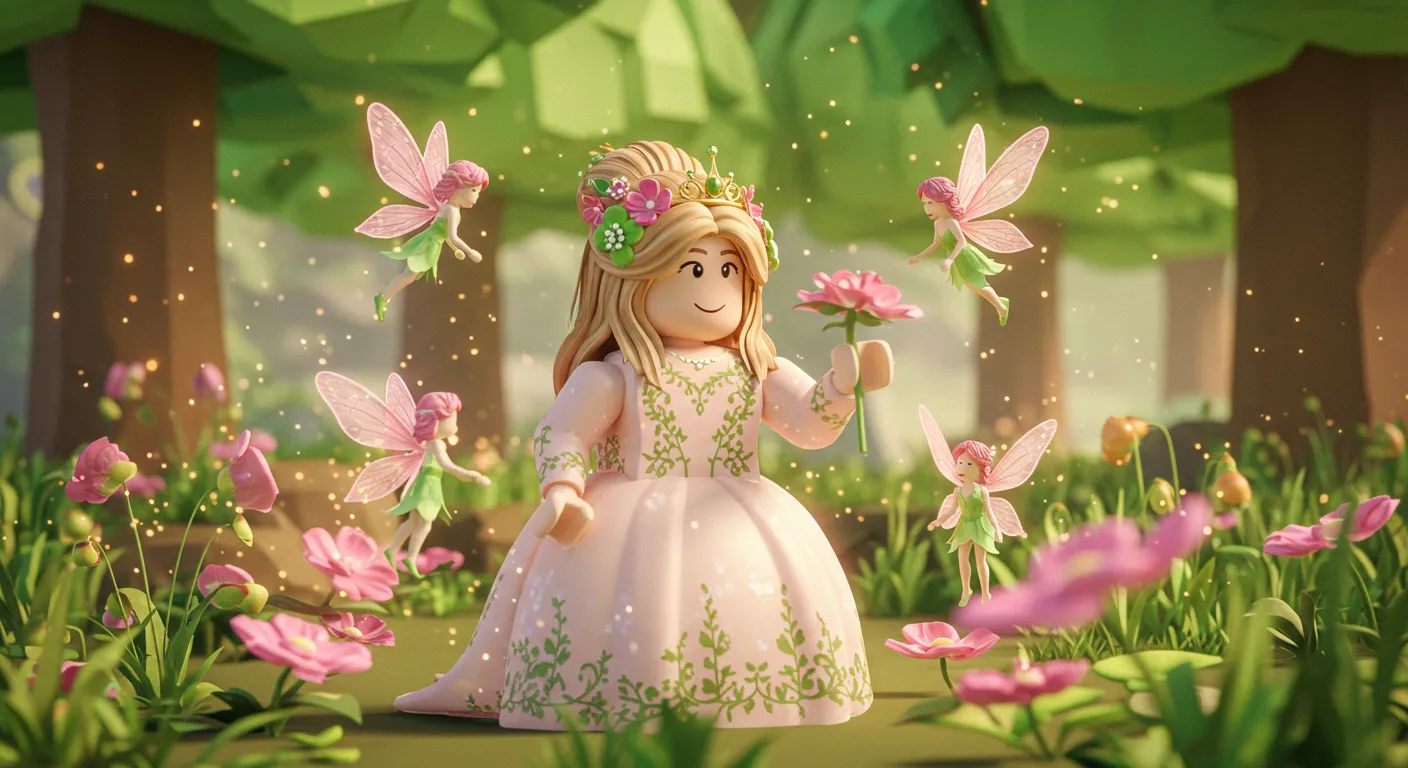 pink flower princess with fairies in the woods