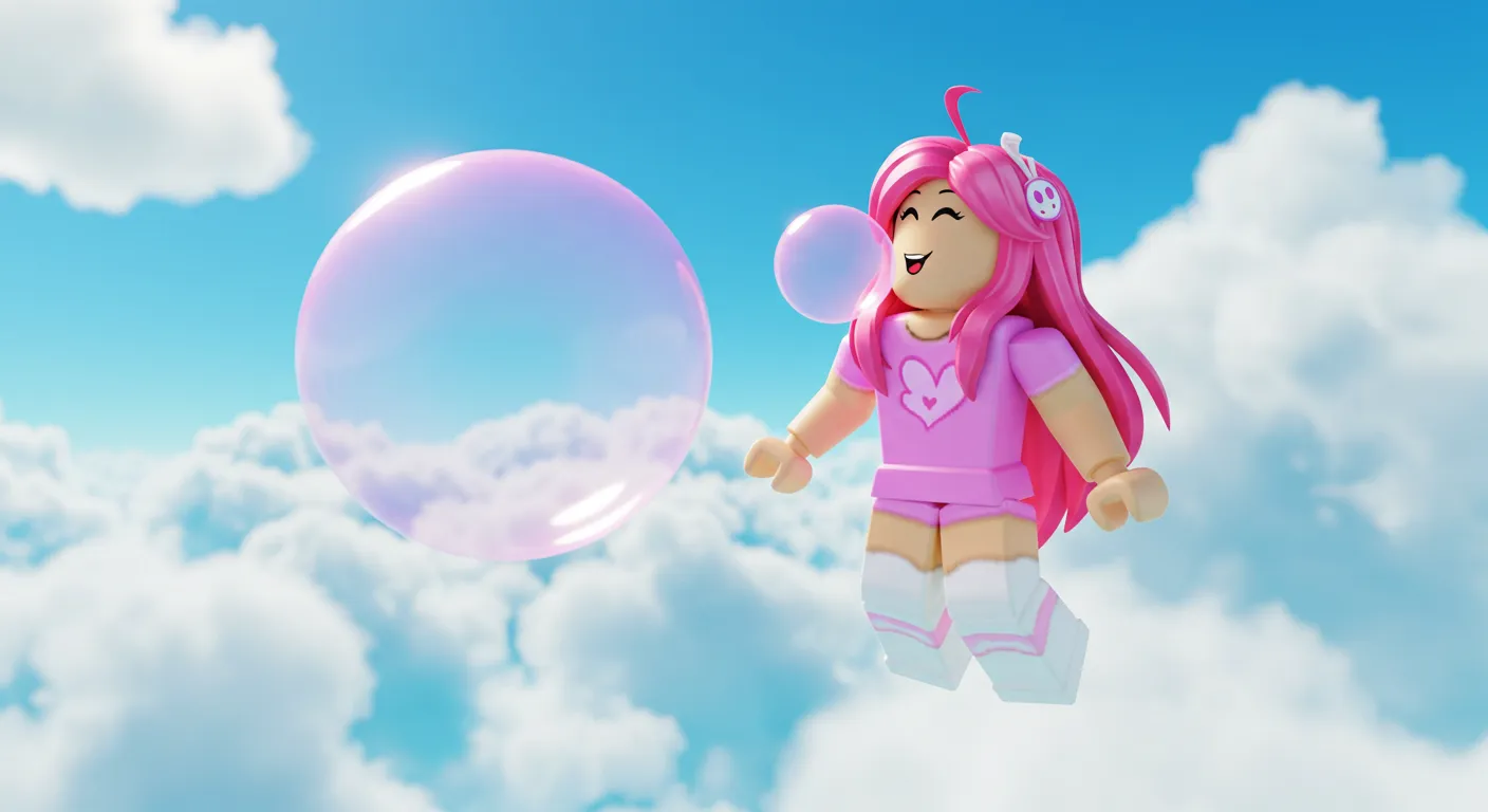 pink bubble gum girl floating through the clouds